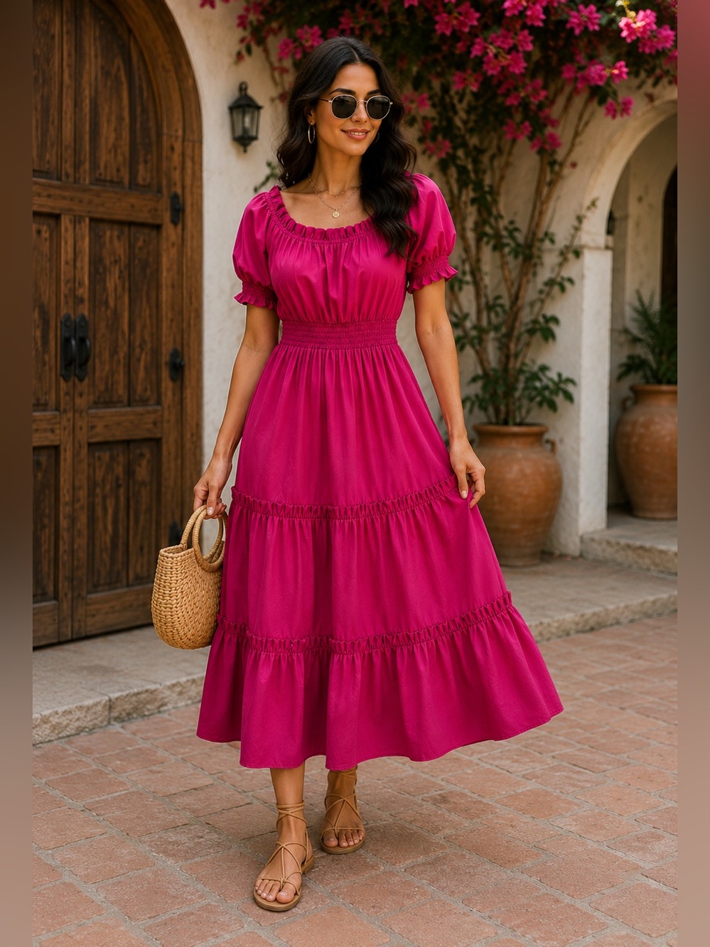 Women's Fuchsia Maxi Dress with Smocked Waist